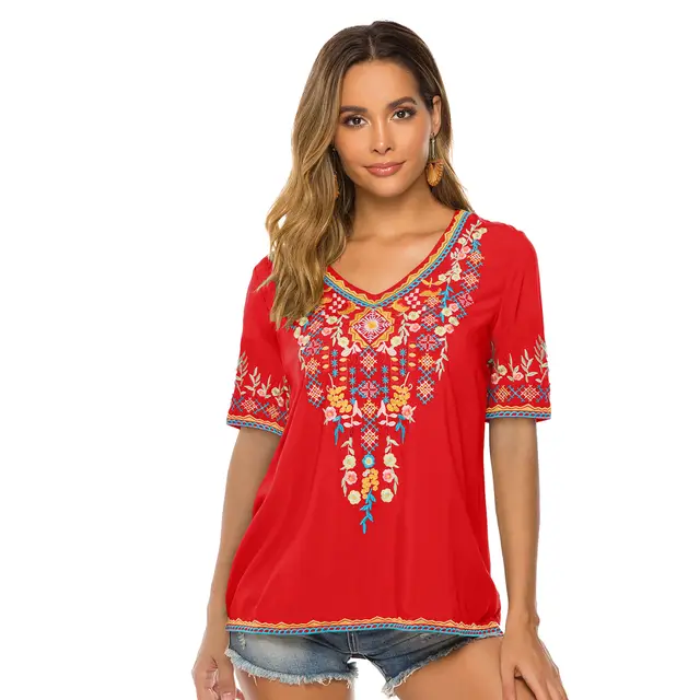 European And American Embroidered V neck Top Red - Shop at LoveMi