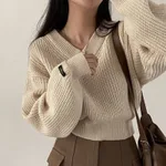 Letter Patch Loose Leisure All-matching Long Sleeve Knitted Pullover Sweater - Apricot