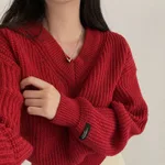 Letter Patch Loose Leisure All-matching Long Sleeve Knitted Pullover Sweater - Red