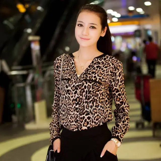 Casual Chiffon Shirt Women's Leopard Print Pattern Anti DDoS Stand Collar Shirt Leopard Print - Shop at LoveMi