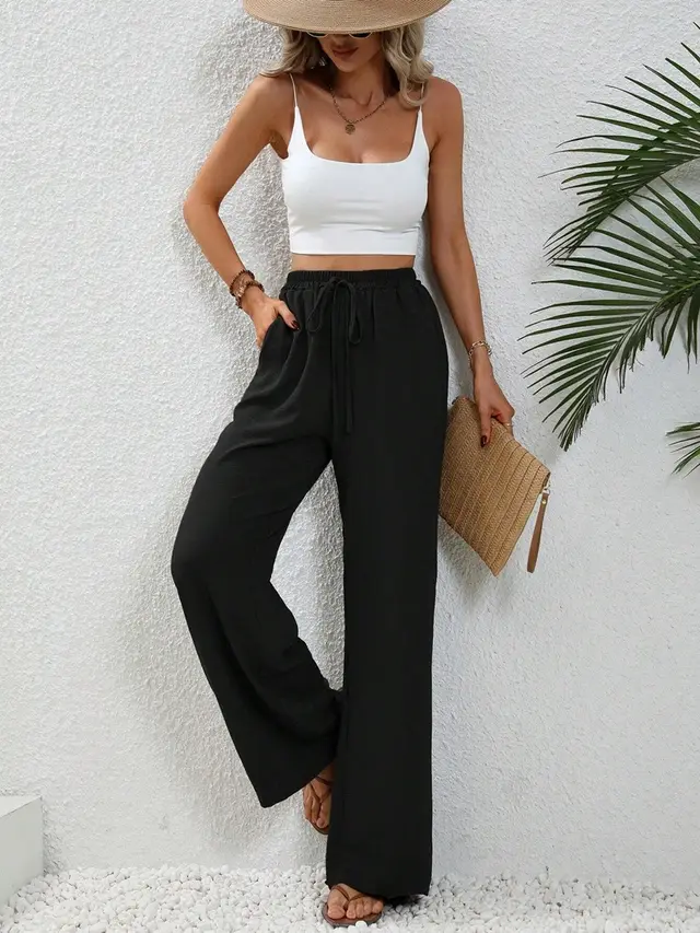 Drawstring Wide legged Pants With Pockets Fashion Casual Trousers Women's Clothing Black - Shop at LoveMi