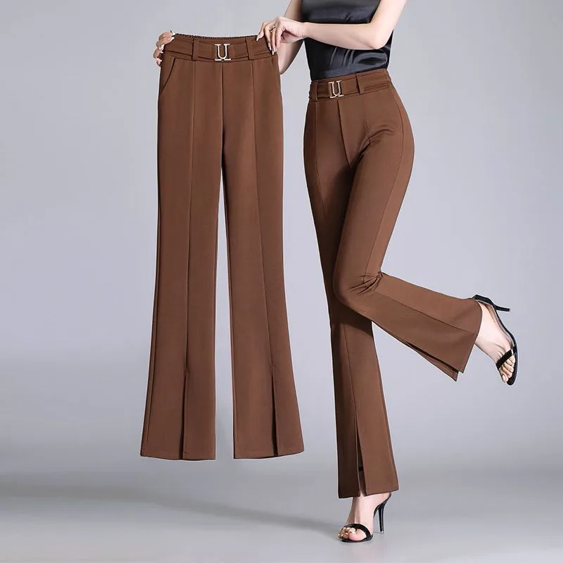 Women's High Waist Casual Wide And Long Cropped Pants Brown - Shop at LoveMi