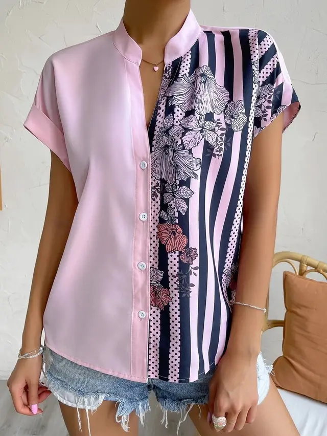 Double Contrast Color Floral Button Cardigan Short Sleeve Shirt - Pink
