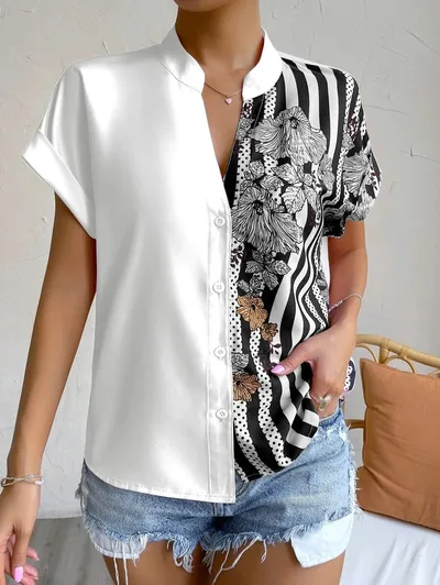 Double Contrast Color Floral Button Cardigan Short Sleeve Shirt White - Shop at LoveMi