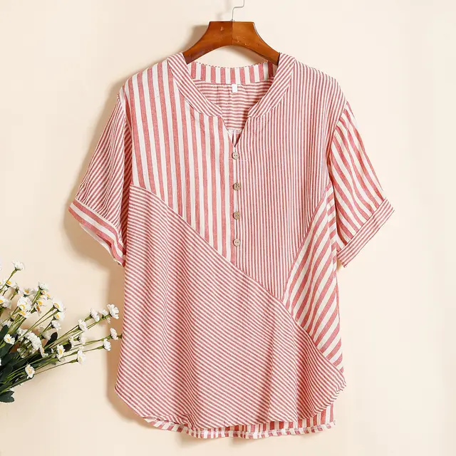 Plus Size Women's Cardigan V neck Shirt Cotton And Linen Top Pink - Shop at LoveMi
