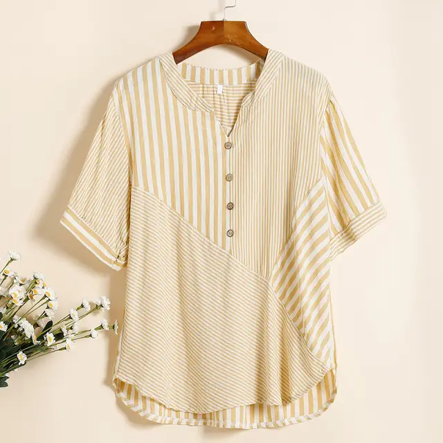 Plus Size Women's Cardigan V neck Shirt Cotton And Linen Top Yellow - Shop at LoveMi