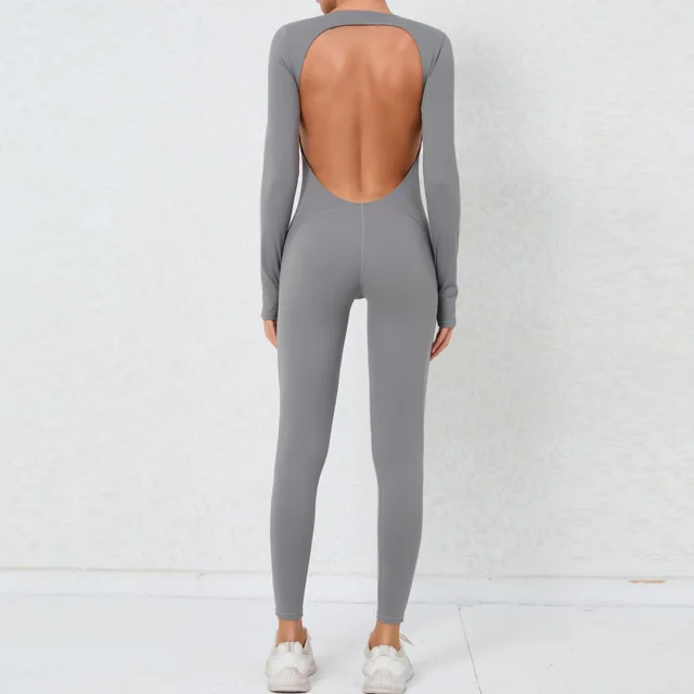 Finger Backless Nude Feel Long Sleeve Yoga Jumpsuit Dark Gray - Shop at LoveMi