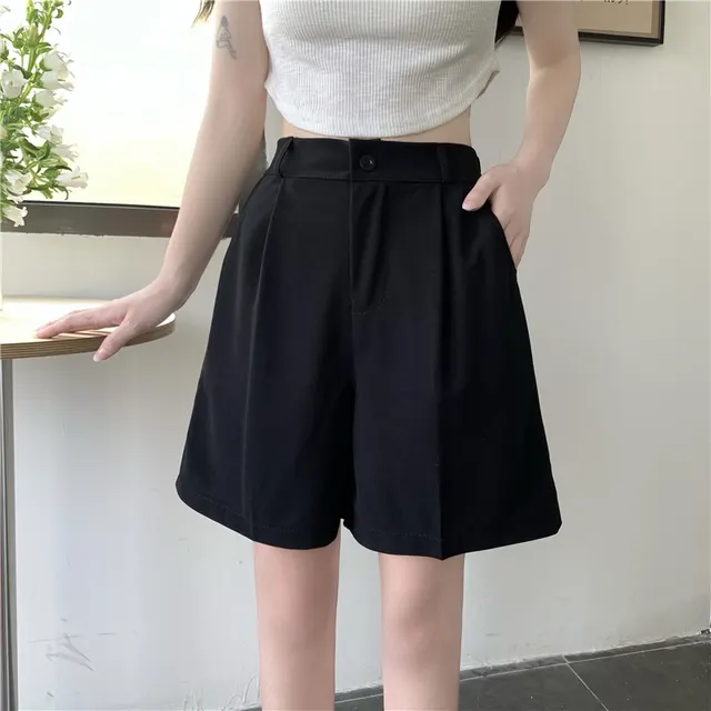 Women's Retro Straight Wide Leg High Waist Shorts Black - Shop at LoveMi