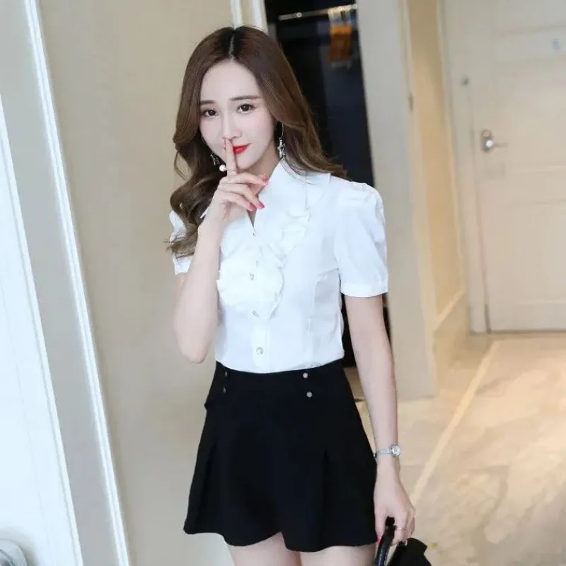 Ruffled Thin Puff Sleeve Loose Shirt White 903 Short Sleeve - Shop at LoveMi