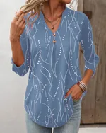Women's Casual Button Geometric Printed Long-sleeved T-shirt - Light Blue