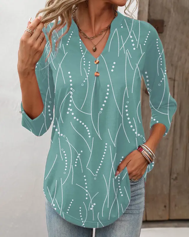 Women's Casual Button Geometric Printed Long sleeved T shirt Light Green - Shop at LoveMi
