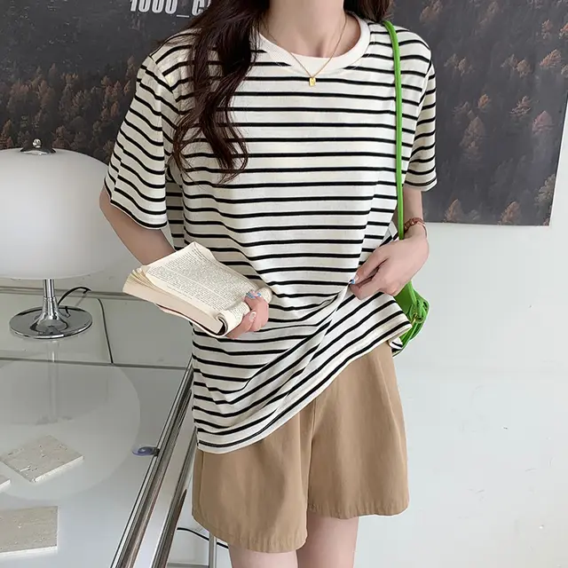New Korean Style Back Patch Striped Short sleeved Women's T shirt Beige Apricot - Shop at LoveMi