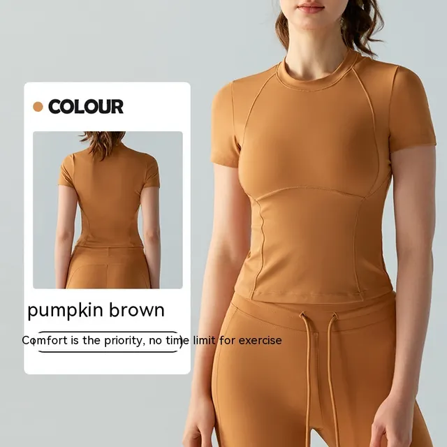Casual Slimming Cool Yoga Clothes Short Sleeve Pumpkin Brown - Shop at LoveMi