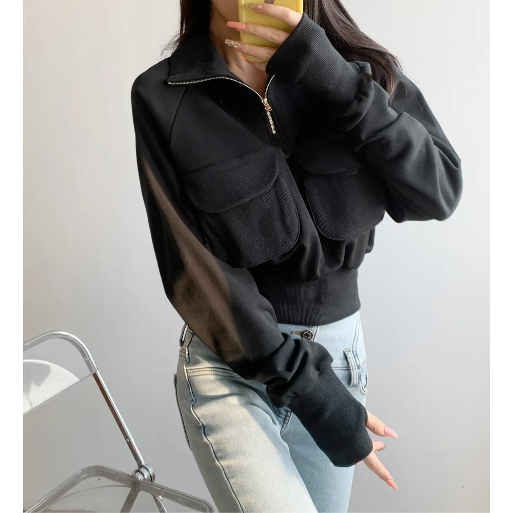 Loose Casual Stand Collar Half Zip Pullover Slimming Sweater Jacket Black 132 - Shop at LoveMi
