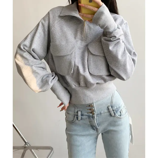 Loose Casual Stand Collar Half Zip Pullover Slimming Sweater Jacket Light Gray 132 - Shop at LoveMi