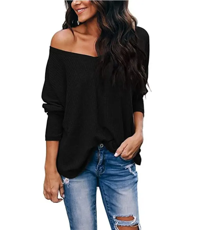 Women's Autumn Loose fitting Lightweight Thin Large V neck Plus Size Long sleeved Sweater Black - Shop at LoveMi