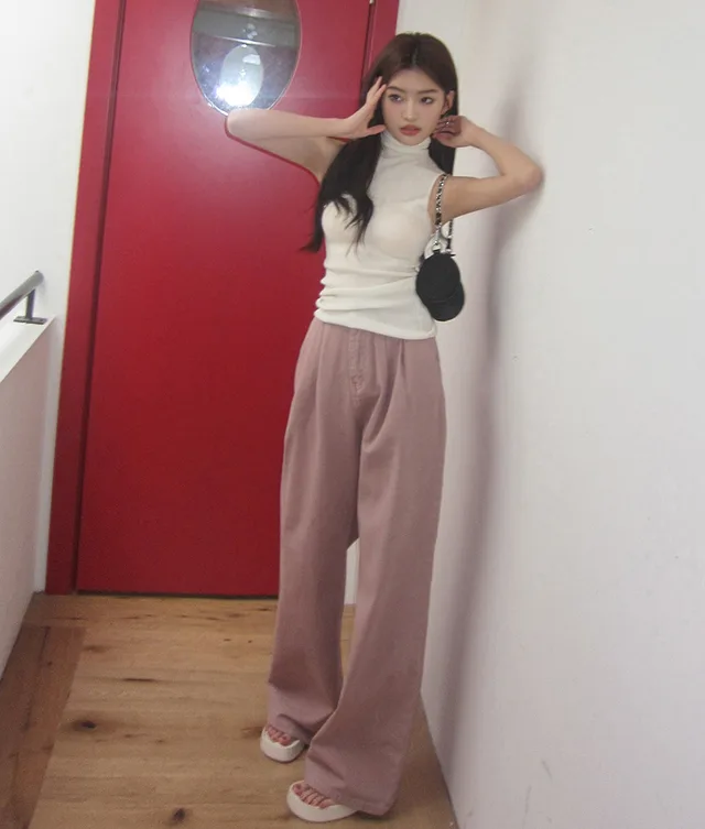 High Waist Slimming Loose Pleated Straight Wide Leg Pants Pink Pants - Shop at LoveMi