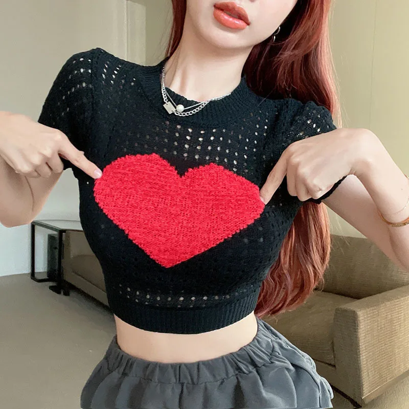 Women's Summer Round Neck Printed Hollow out Knitted Short sleeved T shirt Black - Shop at LoveMi