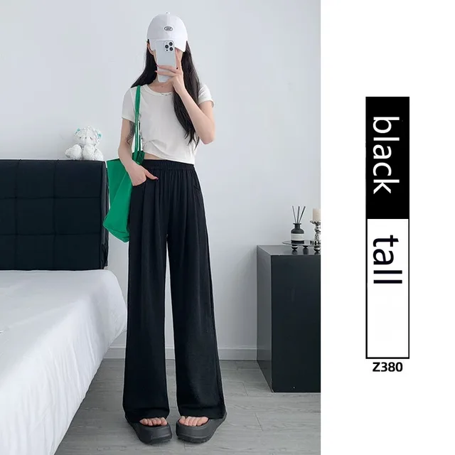 Ice Silk Wide leg Women's Thin Straight Loose Casual Pants Black Tall - Shop at LoveMi
