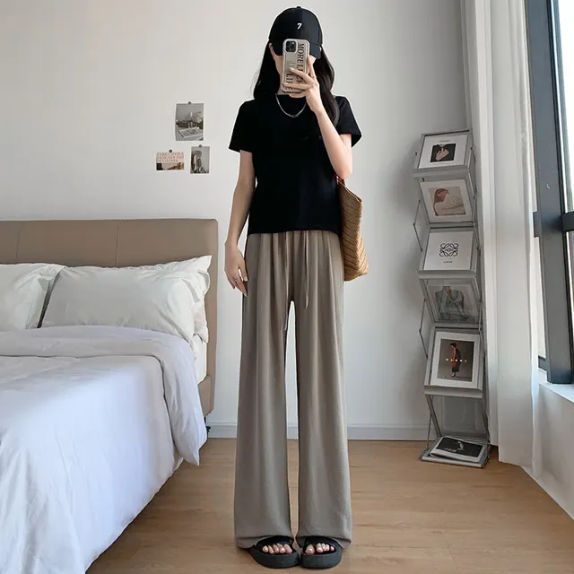 Ice Silk Wide leg Women's Thin Straight Loose Casual Pants Pickle Color Regular No Pocket - Shop at LoveMi