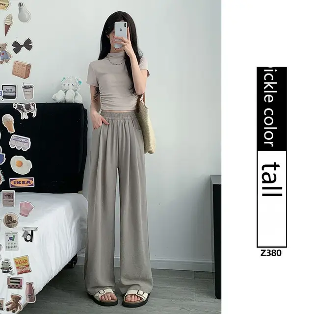 Ice Silk Wide leg Women's Thin Straight Loose Casual Pants Pickle Color Tall - Shop at LoveMi