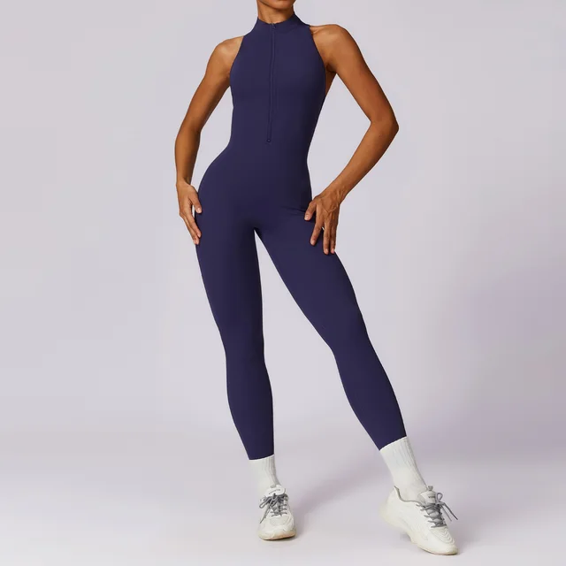Quick drying Zipper Yoga Jumpsuit Fitness Training Sports Tights Eclipse Blue - Shop at LoveMi