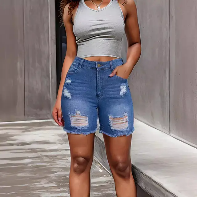 Denim With Hole Shorts For Women Smalt - Shop at LoveMi