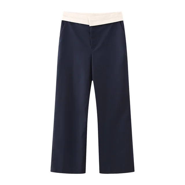 Autumn Contrast Color Waist Casual Pants Navy Blue - Shop at LoveMi