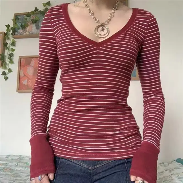 Women's Striped Long Sleeve Bottoming Top V neck Stripes - Shop at LoveMi