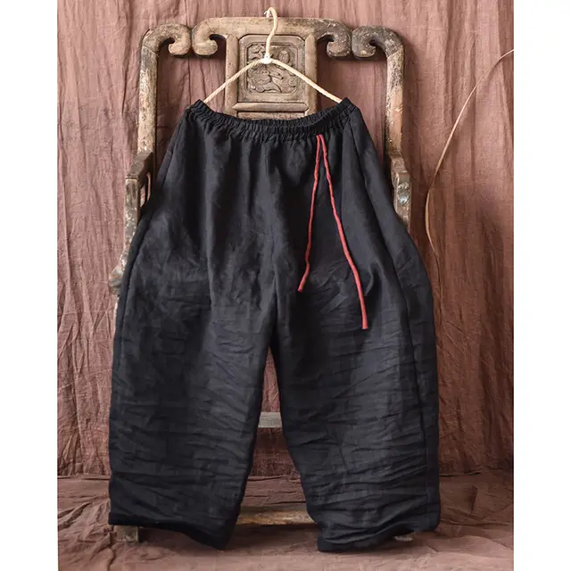 Spring And Autumn Stone Washed Linen Baggy Pants Loose Wide Leg Black - Shop at LoveMi