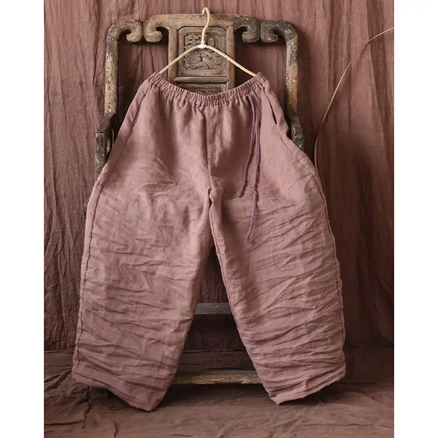 Spring And Autumn Stone Washed Linen Baggy Pants Loose Wide Leg Lotus Root Color - Shop at LoveMi
