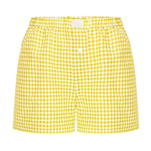 Women's Casual Plaid Cotton Arrow Pants Loose Four corner Button Shorts Yellow - Shop at LoveMi