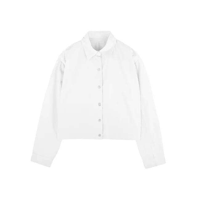 Cotton Hem Elastic Waist Slimming Solid Color Long Sleeve Shirt White - Shop at LoveMi