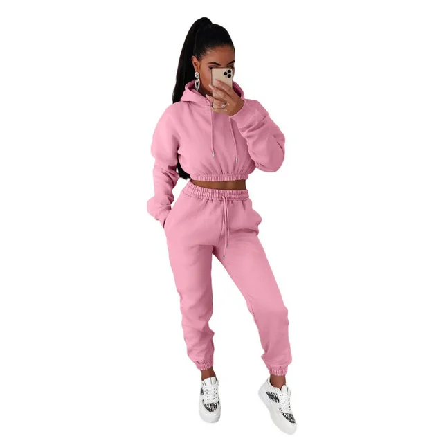 Women's Velvet Padded Hooded Sweatshirt Casual Two piece Suit Pink - Shop at LoveMi