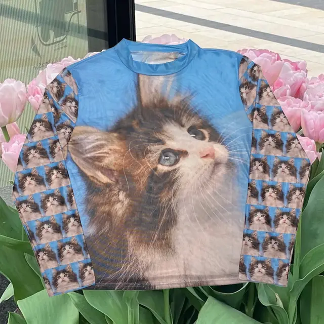 Cat Printing Breathable Sun Protection Stretch Mesh Bottoming Shirt Top Mesh Top - Shop at LoveMi