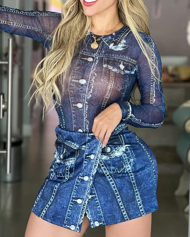 Women's Denim like Printed Long sleeved Jumpsuit Dark Blue - Shop at LoveMi