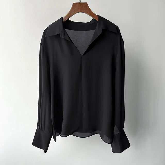Straight Silky Pendant Comfortable Shirt Black - Shop at LoveMi