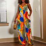 Women's Leaf Printed V-neck Jumpsuit - Color
