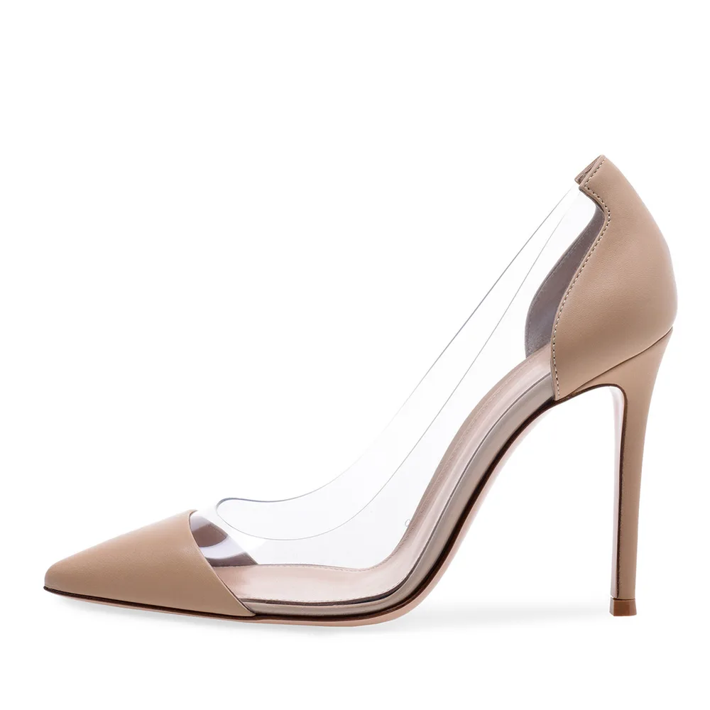 Women's Fashion PVC Stitching Pointed High Heel Pumps Nude - Shop at LoveMi