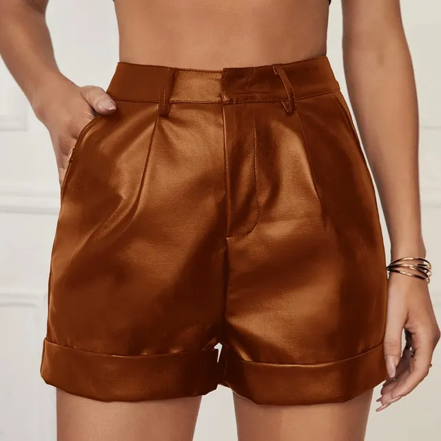 PU Leather Shorts Women's Women's Outerwear High Rolled Hem Pleated Ladies Casual Hip wrapped Pants Brown - Shop at LoveMi