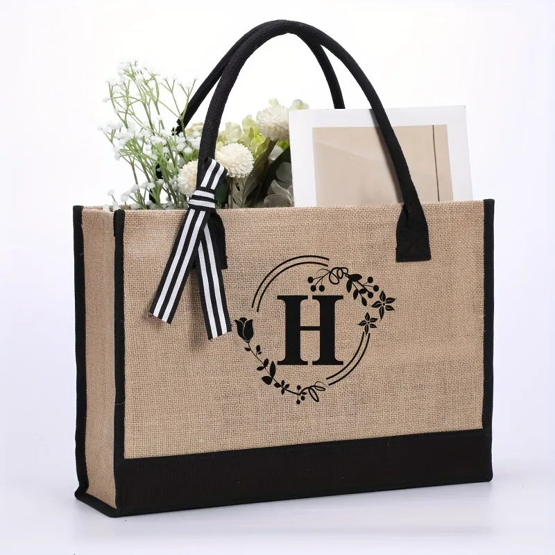 Large Capacity Portable Printing Initial Letter Jute Linen Shopping Bag Letter H - Shop at LoveMi