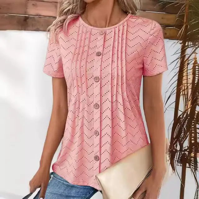 Women's Solid Color Hollow out Pleated Fake Button Round Neck T shirt Light Pink - Shop at LoveMi