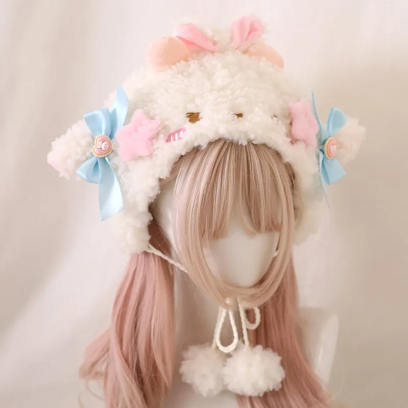 Cute Lamb Ears Earmuffs Hat Lambswool Bucket Hat - Blue Bow