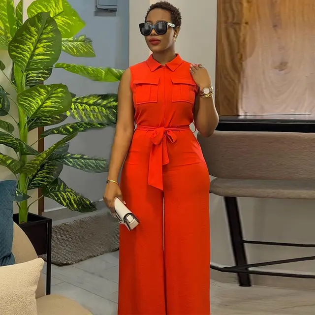 Lapel Pocket Waist Trimming Loose Wide Leg Sleeveless Jumpsuit Orange Red - Shop at LoveMi