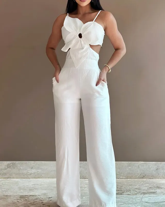Women's White Three dimensional Flower Design Sling One piece Trousers White - Shop at LoveMi