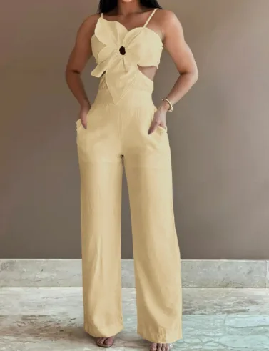 Women's White Three dimensional Flower Design Sling One piece Trousers Yellow - Shop at LoveMi