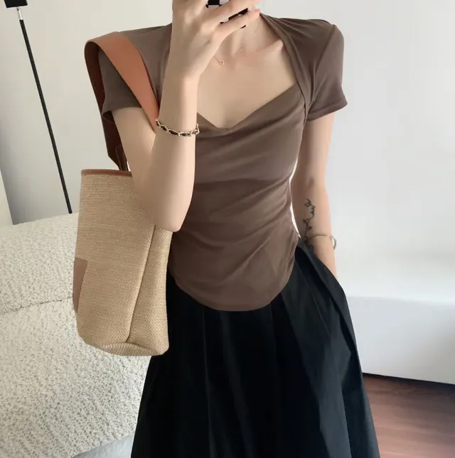 Square Collar Short Sleeve Women's Top Bottoming Shirt Coffee - Shop at LoveMi