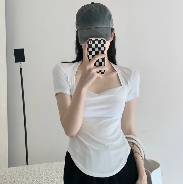 Square Collar Short Sleeve Women's Top Bottoming Shirt White - Shop at LoveMi