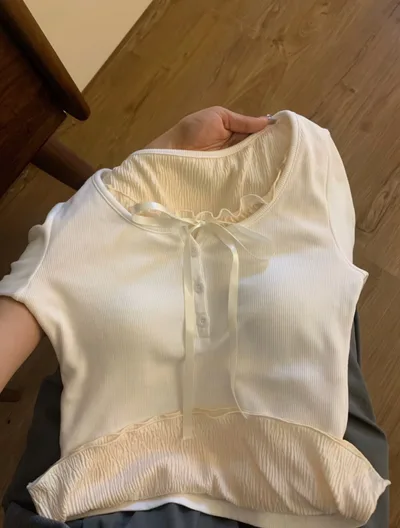 Women's Top With Chest Pad And Wooden Ear Fake Two piece T shirts Beige - Shop at LoveMi