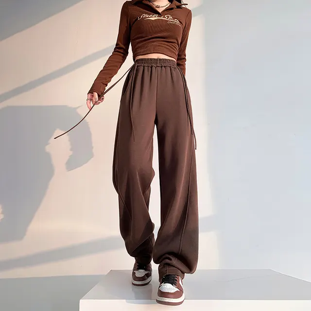 American Multi color Straight Wide Leg Banana Pants High Waist Casual H8201 Brown - Shop at LoveMi